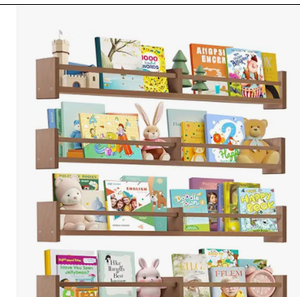 Dixryaus 34Inch Nursery Book Shelves Wall Mounted, Floating Book Shelf for Kids Coat Rack with 6 Hooks, Wall Hanging Shelf for Baby Nursery Room Organizer ，Patent Number:USD1058229S(4, Light Brown