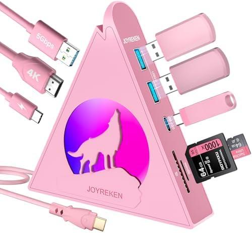 Pink USB C Hub, 8-in-1 Type C Hub with 4K HDMI, 100W Power Delivery, 5Gbps USB-C, 3xUSB-A 3.0, SD/TF Card Reader, RGB Lighting, Pink Dock for MacBook Air/Pro, iPad, iPhone16, Surface, XPS, etc.