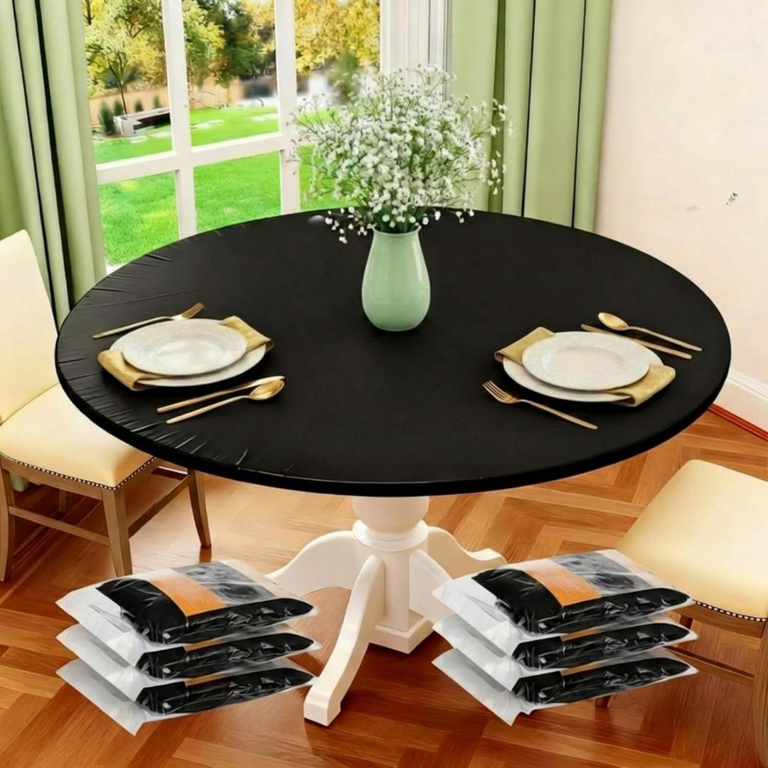 Boao 6 Pcs 60inch Round Plastic Fitted Tablecloth with Elastic Edge Design Waterproof Table Cover Plastic Tablecloth Protector for Table(Black)