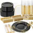 Nervure 350PCS Black Plastic Plates - Black Plastic Dinnerware Sets for 50 Guests - 100 Disposable Plates, 150 Gold Silverware, 50 Cups, 50 Napkins for Wedding & Party & New Year