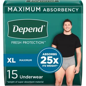 Depend Fresh Protection Adult Incontinence Underwear for Men, Disposable, Maximum, Extra-Large, Grey, 15 Count, Packaging May Vary