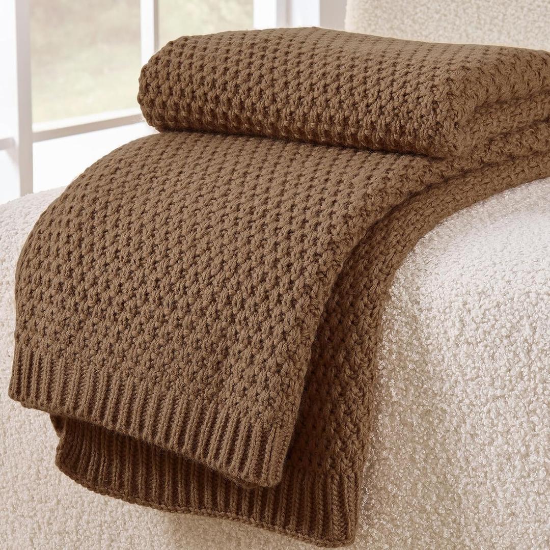 Light Brown Throw Blanket, Knit Throw Blanket for Couch, Soft Cozy Warm Lightweight Reversible Decorative Moss Stitch Cable Knitted Blankets for Bed, 60x80 Inches, Camel Brown