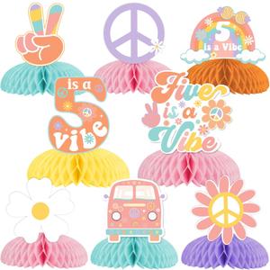 8 Pieces Five Is A Vibe Honeycomb Centerpieces, Boho Girls 5th Birthday Party Decorations, Daisy Flower Retro 60s 70s Hippie Theme Table Toppers Decors Party Supplies