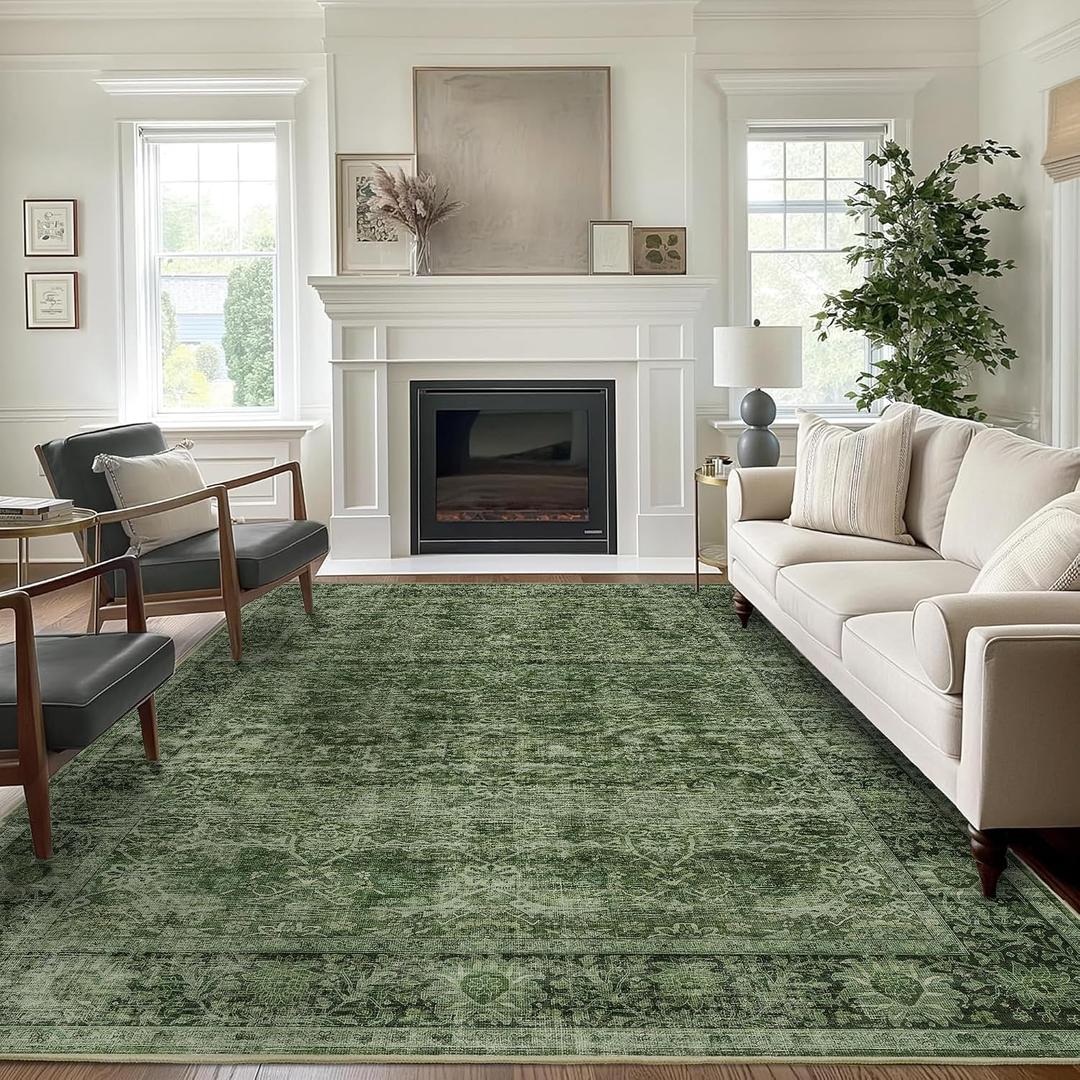 Green Washable Rug for Living Room Vintage Distressed Bedroom Rug