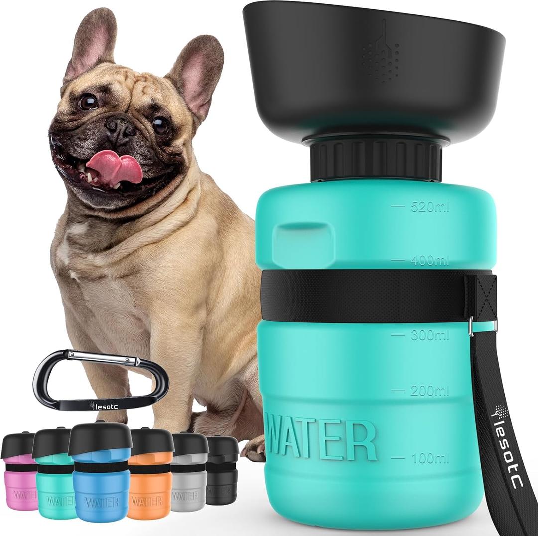 lesotc Dog Water Bottle, Portable Water Dispenser with Bowl, Leak Proof Pet Travel Squeeze Bottle, Puppy Essentials Dog Stuff Accessories for Outdoor Walking, Hiking, Camping (18 Ounces, Light Blue)
