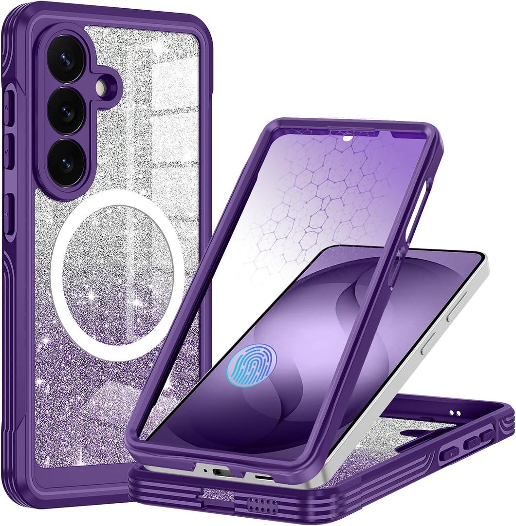 Hekodonk for Galaxy S26 Case Magnetic,[Compatible with Magsafe][Built-in Tempered Glass Screen Protector] [Glitter Card] Full Body Bling Case for Samsung Galaxy S26,Amethyst Purple