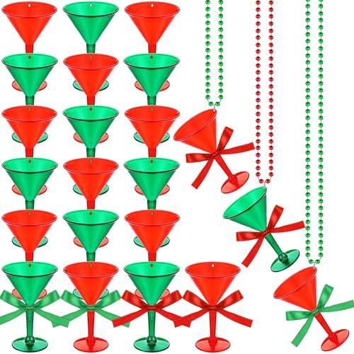 Gemscream 24 Pcs Christmas Shot Glass Necklaces Red and Green Martini Cocktail Margarita Plastic Beaded Necklaces Decorations for Xmas Gift Holiday Party Favor Includes Ribbons