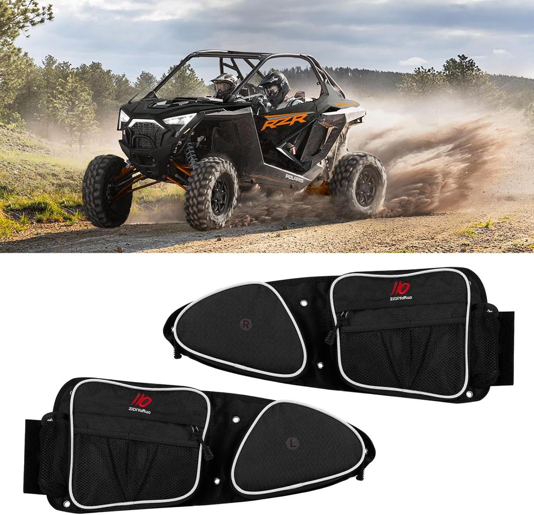 Front Door Storage Bags for Polaris RZR XP/Turbo | UTV Organizer with Thick Knee Pad & Cup Holder | Water-Resistant Side Door Bag Compatible with 2014-2021 RZR Models (lack)