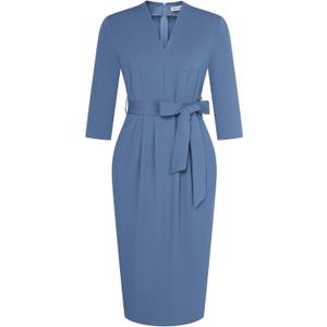 GRACE KARIN Womens Work Dresses V Neck 3/4 Sleeve Back Zipper Tie Waist Bodycon Dress Office Cocktail Dress with Pockets (Blue, XS)