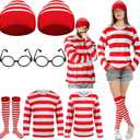 Hicarer 7 Pieces Halloween Cosplay Red and White Striped Shirt Adult Men Women's Halloween Costumes Sweatshirt Wizard Glasses Hat Sock Suits Youth Funny Sweatshirt Outfit Glasses Suits XL+ 3XL