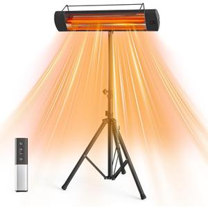 FansaFurn Patio Heater with Remote, 1500W Electric Infrared Heater for Outdoor/Indoor Use, 24H Timer, IP65 Waterproof, Tip-over Protection, Infrared Patio Heater with Tripod for Garage, Backyard (Black1)