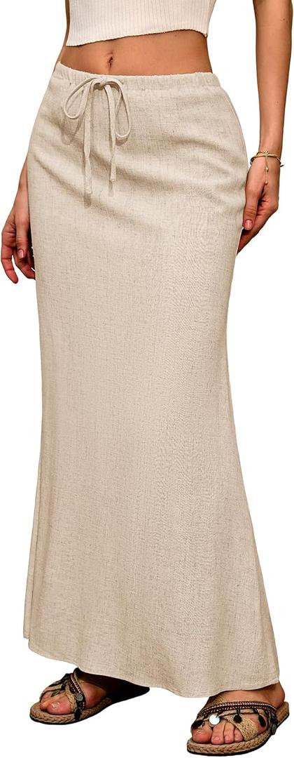 ELLEVEN Linen Flared Maxi Skirt with Back Slit - Elastic Waist Drawstring Long Flowy Ankle-Length Skirt (Small, Beige)
