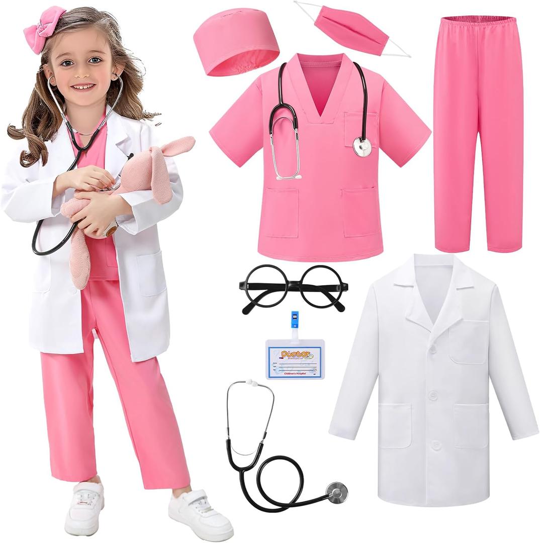 Doctor Costume for Kids - 8pcs Kids Dress Up Set, Toddler Halloween Costumes for Girls Boys, Doctor Pretend Play Kit (XS: 3~4 Years, Pink)