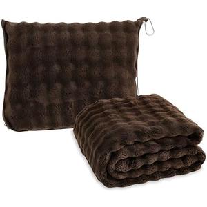 SOCHOW Travel Blanket for Airplane Train and Car, Soft Travel Blanket or Pillow 2 in 1 Compact with Portable Bag Pillowcase, Flight Blanket with Luggage Sleeve and Backpack Clip, Brown