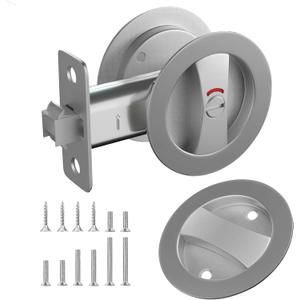 Round Pocket Door Lock with Indicator,1 Pack Satin Nickel Contemporary Privacy Pocket Door Hardware,Flush Pocket Door Latch(2-3/8" Backset) for 1-3/5" to 2-1/8" Thickness Door,Brushed Nickel (Round Lock with Indicator - 1 Pack, Brushed Nickel)