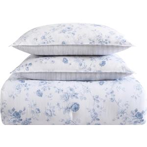 Laura Ashley- Queen Comforter Set, Reversible Cotton Bedding with Matching Sham(s), Dorm Essentials (Belinda Blue, Queen)