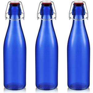Teenyyou 3 Pcs Cobalt Blue Glass Bottle 500 ml / 16.9 oz Decorative Bottles Cobalt Blue Swing Top Glass Bottles with Airtight Lid for Centerpieces Garden Decor, Bottle Tree (EXP 07/07/27)