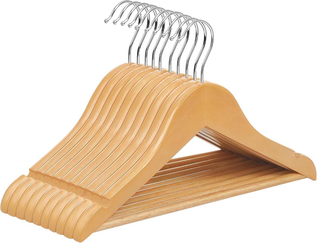SONGMICS Kids Wooden Hangers 10 Pack, Solid Wood Baby Hangers, Children's Coat Hangers with Pants Bar, Shoulder Notches, Swivel Hooks, 12.6 x 7.5 Inches, Natural and Silver UCRW06NL SONGMICS Kids Wooden Hangers 10 Pack, Solid Wood Baby Hangers, Children's Coat Hangers with Pants Bar, Shoulder Notches, Swivel Hooks, 12.6 x 7.5 Inches, Natural and Silver UCRW06NL
