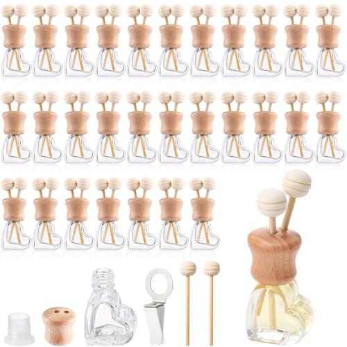 Zubebe 30 Pack Car Air Freshener Diffuser with Vent Clip Empty Car Diffuser Bottles for Essential Oil Perfume Glass Bottle with Wooden Caps Stick(Heart)