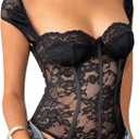 SOLY HUX Women's Lace Sheer Bodysuits Sweetheart Neck Slim Fitted Corset Leotard Tops (Medium, Pure Black)