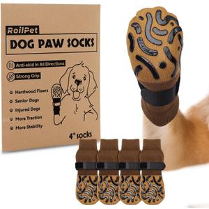 Double Sides Non-Slip Dog Socks to Prevent Licking Paws - Strong Traction for Paw Protector, Senior Dogs, Hardwood Floors, Dog Booties with Grippers - Size Large (Large(Pack of 4)) Caramel
