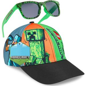Minecraft Trucker Hat Baseball Cap and Kids Sunglasses Set Adjustable Snapback UV Protection Gamer Gifts (6-14 Years, Multi)