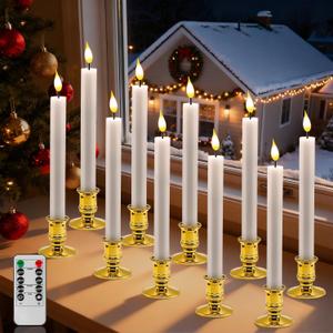 Pruk 10-Pack Flameless LED Candles w/Remote, Realistic Flickering Flame, Battery Operated Window Candles, Timer & Dimmer, Weighted Base, 10.8" Tall (Gold)