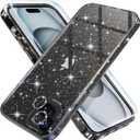 Choiche Compatible for iPhone 15 Case Women Phone Case, Cute Bling Sparkly, Military Grade Drop Protection, 2 Diamond Camera Lens Covers, 2 Tempered Glass Protectors, 6.1 inch (Glitter Black)