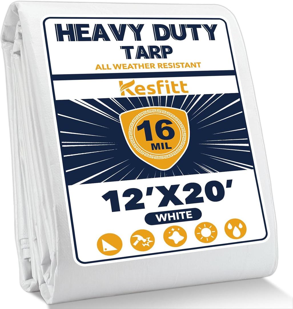 Kesfitt 16 Mil Heavy Duty Waterproof White Tarp, 12x20 ft, 100% Virgin Polyethylene, Reinforced Grommets, UV Resistant Outdoor Tarp for Storm Protection, Equipment Cover & Backyard Use