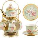 20 Pieces Porcelain Tea Set With Metal Holder, European Ceramic tea set for adults,Flower Tea Set,Tea Set For Women With Flower Painting
