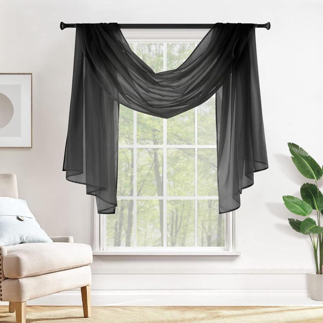 MIULEE Black Window Scarf Valance for Halloween Party - Sheer Curtain Scarf Topper Window Treatment Decorative Drapes for Wedding Arch Ceremony Canopy Bed, Swag Curtain One Panel, 54"x 144"