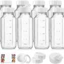 8 Pack 16 Oz Reusable Glass Milk Bottles w 100% Airtight Heavy Duty SCREW Lid & 2 Pour Spouts - Glass Juice Bottles w Capacity Mark - Beverage Drinking Jar Juice Container Breast Milk(Extra 2 Lids)