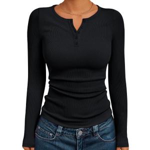 Trendy Queen Womens Long Sleeve T Shirts 2025 Henley Casual Fall Outfits Fitted Cotton Tops Ribbed Fashion Cute Basic Tees Winter Clothes Black XS