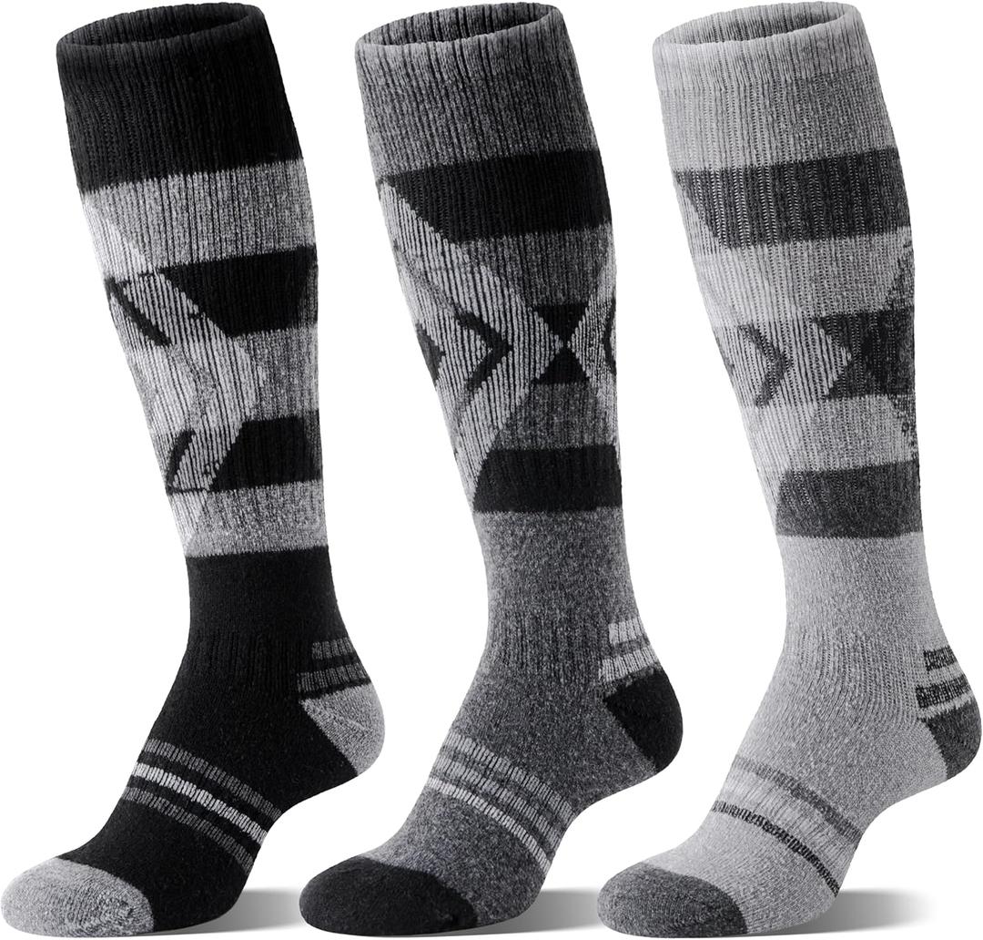 3 Pairs Merino Wool Ski Socks for Womens Mens Thermal Winter Warm Thick Knee High Socks for Skiing Snowboarding (Medium, Dark Grey/Grey/Black)