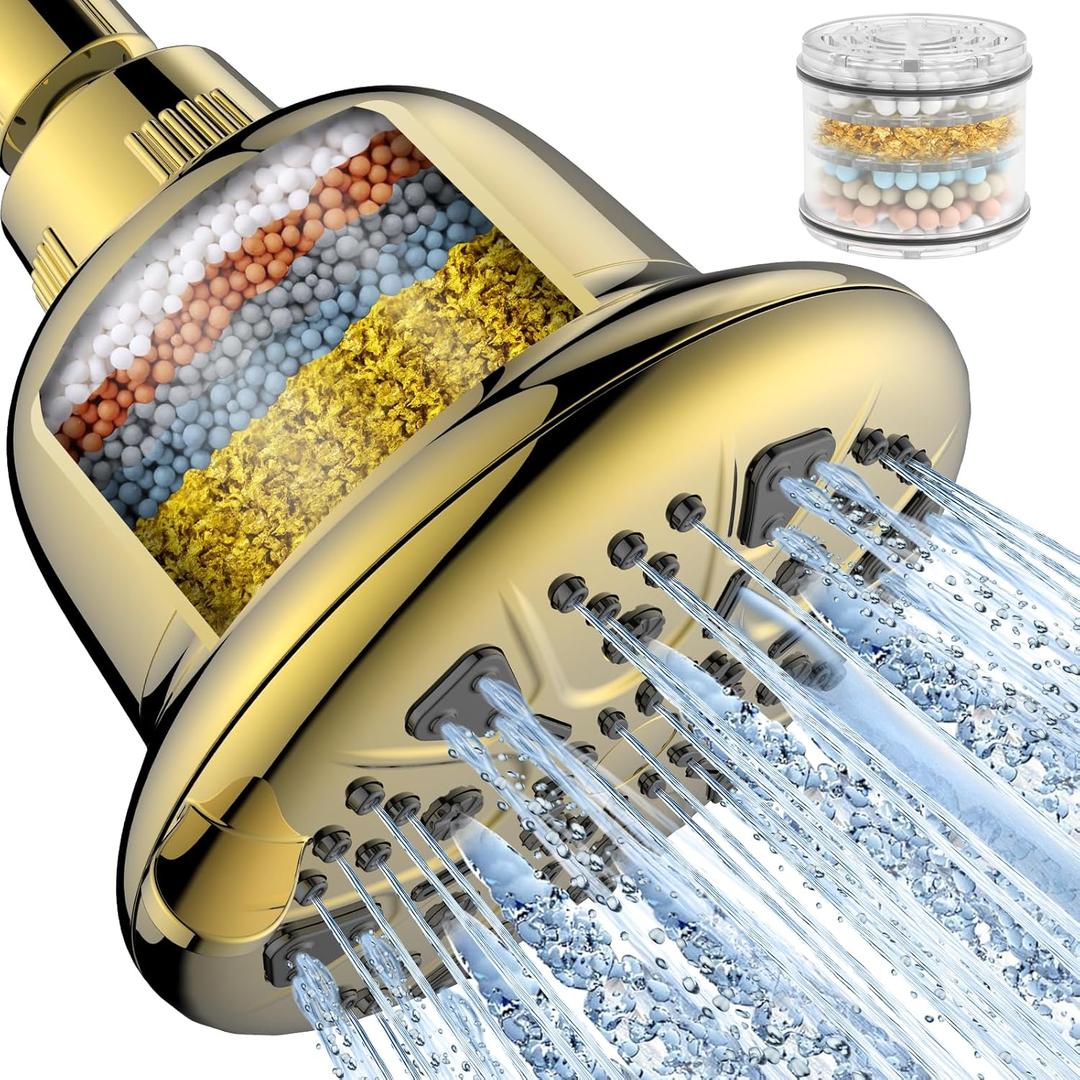 MakeFit Filtered Shower Head - High Pressure Rain - Shower Head with filter for Hard Water - Luxury 7 Settings Adjustable Water Filter Showerhead (Gold)