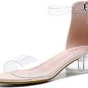 Dufannie Girls Sandals Low Heels Dress Pump Ankle Strap Open Toe Flower Girl Wedding Party for Toddler Little Big Kid (Single Clear Nude)