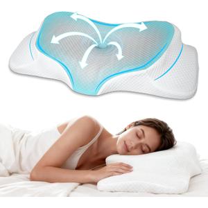 AlignCore Cervical Neck Pillow - Ergonomic Firm Memory Foam Bed Pillows for Sleeping, Neck Pillows for Pain Relief, Back and Side Sleeper Pillow (White with Gray Surface)