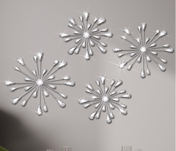 Hicarer 4 Pcs Starburst Wall Decor Bling Wall Art Crystal Teardrop 3D Hanging Rhinestone Radial Metal Artwork Modern Accent Sculptures Decorations for Living Room Home Office Bedroom(Silver)