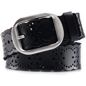 JASGOOD Women's Hollow Flower Genuine Leather Belt for Jeans Pants Wide Belt for Ladies (Black-)