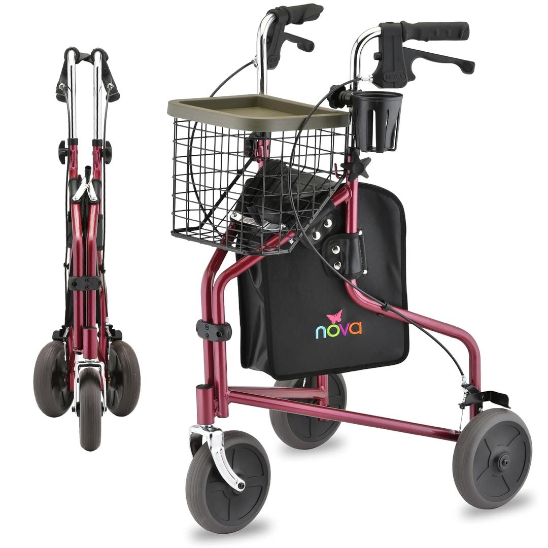 NOVA Traveler Folding 3-Wheel Walker with Tray, Basket, Pouch & Cup Holder, Lightweight Mobility Aid for Seniors & Adults, 8 All-Terrain Wheels for Tight Spaces & Travel, Red