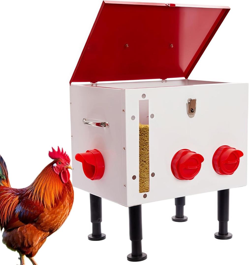 60LB Large Automatic Chicken Feeder with Viewing Window, 7 Port No Waste Design,Rust-Proof Metal Chicken Feeder with Adjustable Height Legs and Safety Latch, Suitable for Outdoor Coops