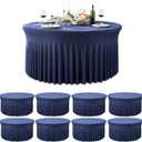Outpain 8 Pack Navy Blue Spandex Round Tablecloths - Fitted 132in Wrinkle Free Table Covers with Skirt for 72in Table, Wedding Party Dining Banquet