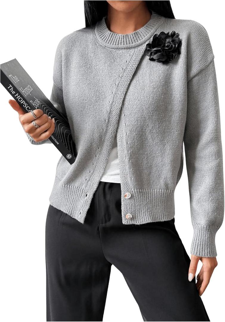 MakeMeChic Women's Wrap Cardigan Sweater Flower Button Down Pullovers Tops (Large, Dark Grey)