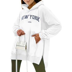 Remidoo Women's Oversized Hoodie Split Letter Graphic Sweatshirt Long Sleeve Pullover Top White, Size: X-Large