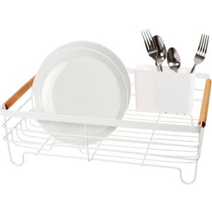 OGGI Large Dish Drying Rack - White & Bamboo Dish Drying Rack, Drying Rack Kitchen, Dish Rack, Dish Racks for Kitchen Counter, Durable Coated Steel Kitchen Drying Rack with Cutlery Holder (Dish Drain w/Utensil Caddy)