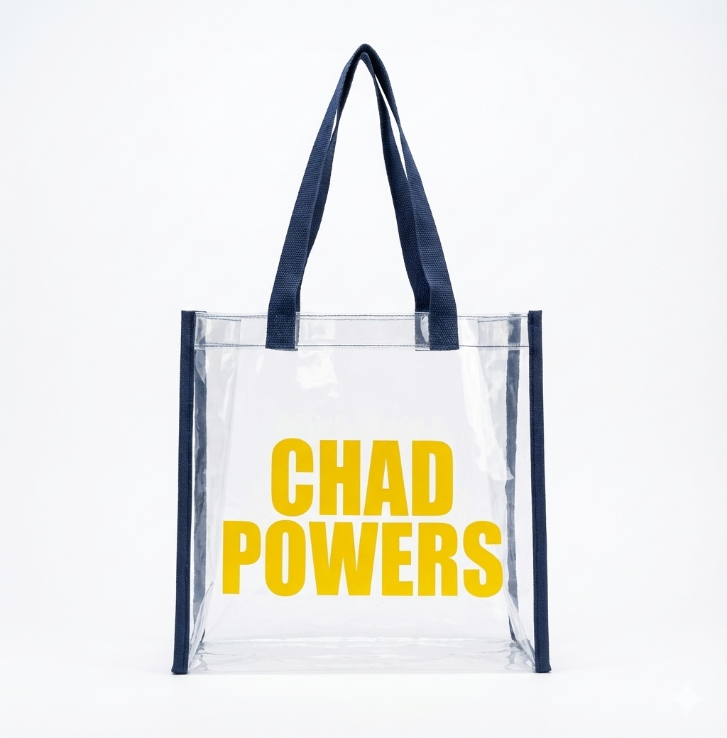 Small Clear Tote Bag "CHAD POWERS" logo, Navy Blue Straps, Yellow Logo, 10 Pack