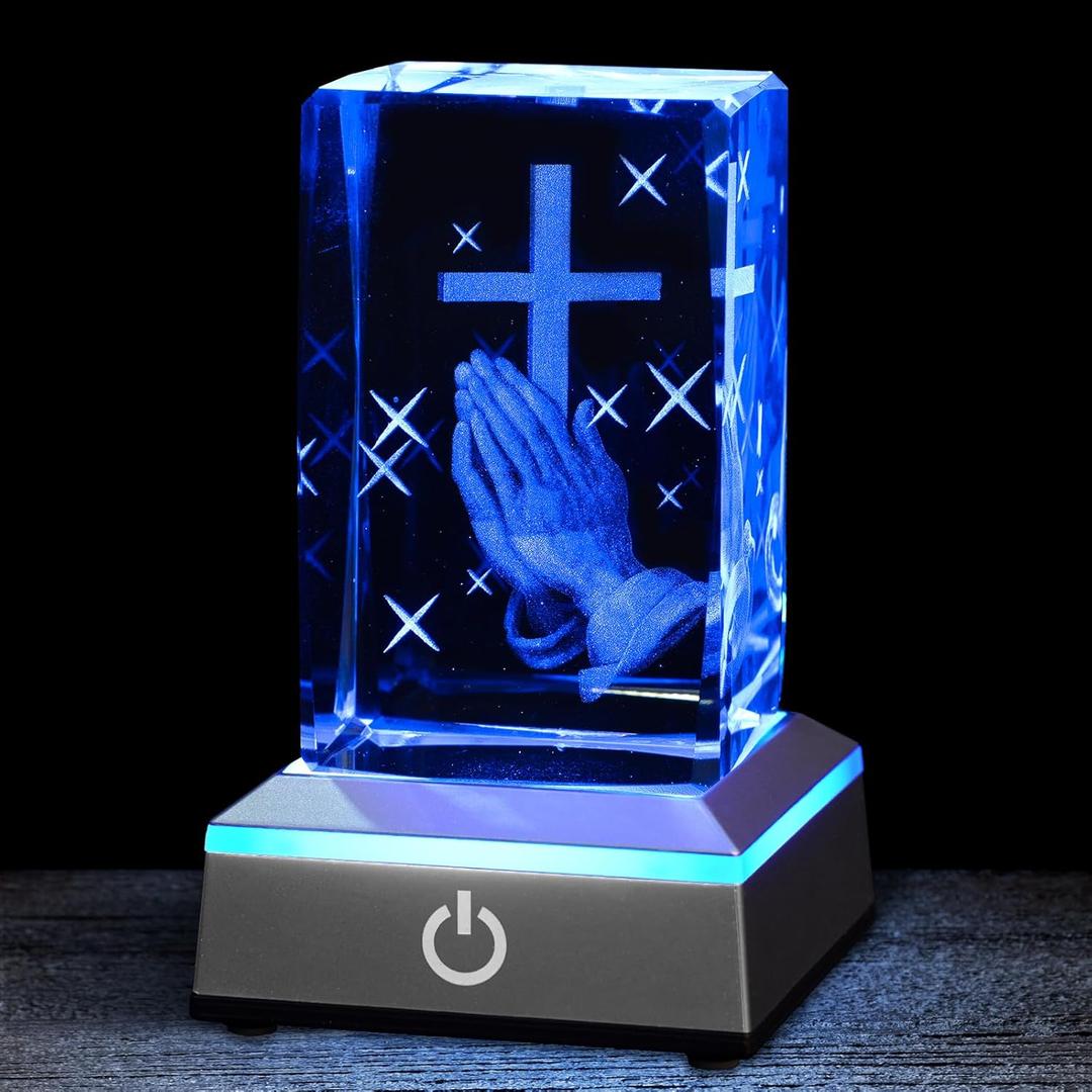 3D Praying Hands Crystal Night Light with Multicolor LED Base Glass Laser Engraved Cross Figurine Religious Christian Gifts for Men Women Birthday Christmas Room Home Decor