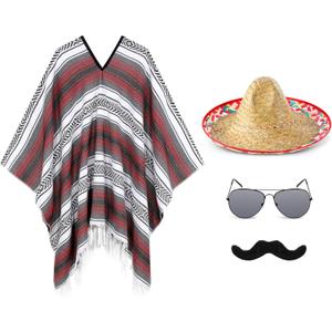 Yahenda 4 Pcs Colrful Costume Set for Adults Include Colrful Serape Poncho Sombrero Sunglasses Moustache