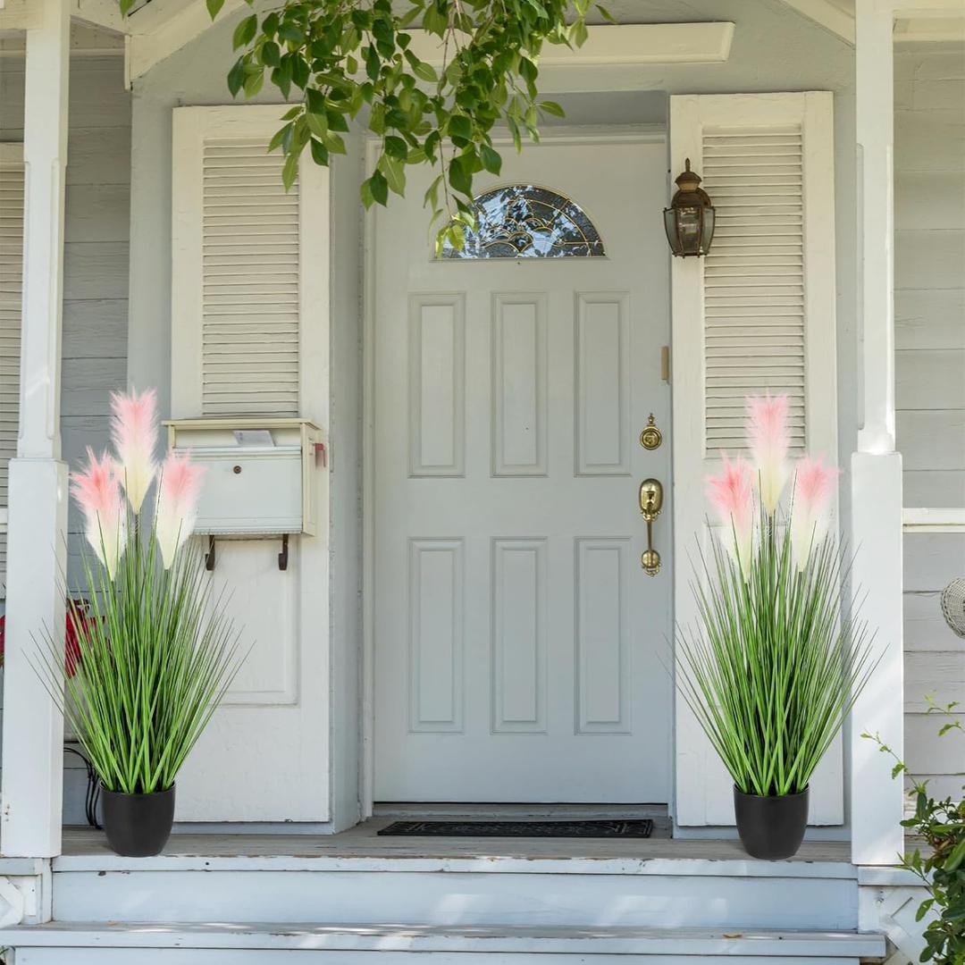 Jexine 1 Pc 4 ft Artificial Tall Grass Plants for Outdoor Faux Tall Grasses Plant with Reed Flowers Potted Fake Greenery Plants for Housewarming Gift House Garden Lobby Outdoor Decoration (Pink)