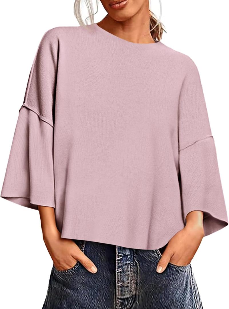 Saodimallsu Womens 3/4 Sleeve Sweaters Lightweight Crewneck Loose Pullover Casual Oversized Fall Knit Tops (XL)